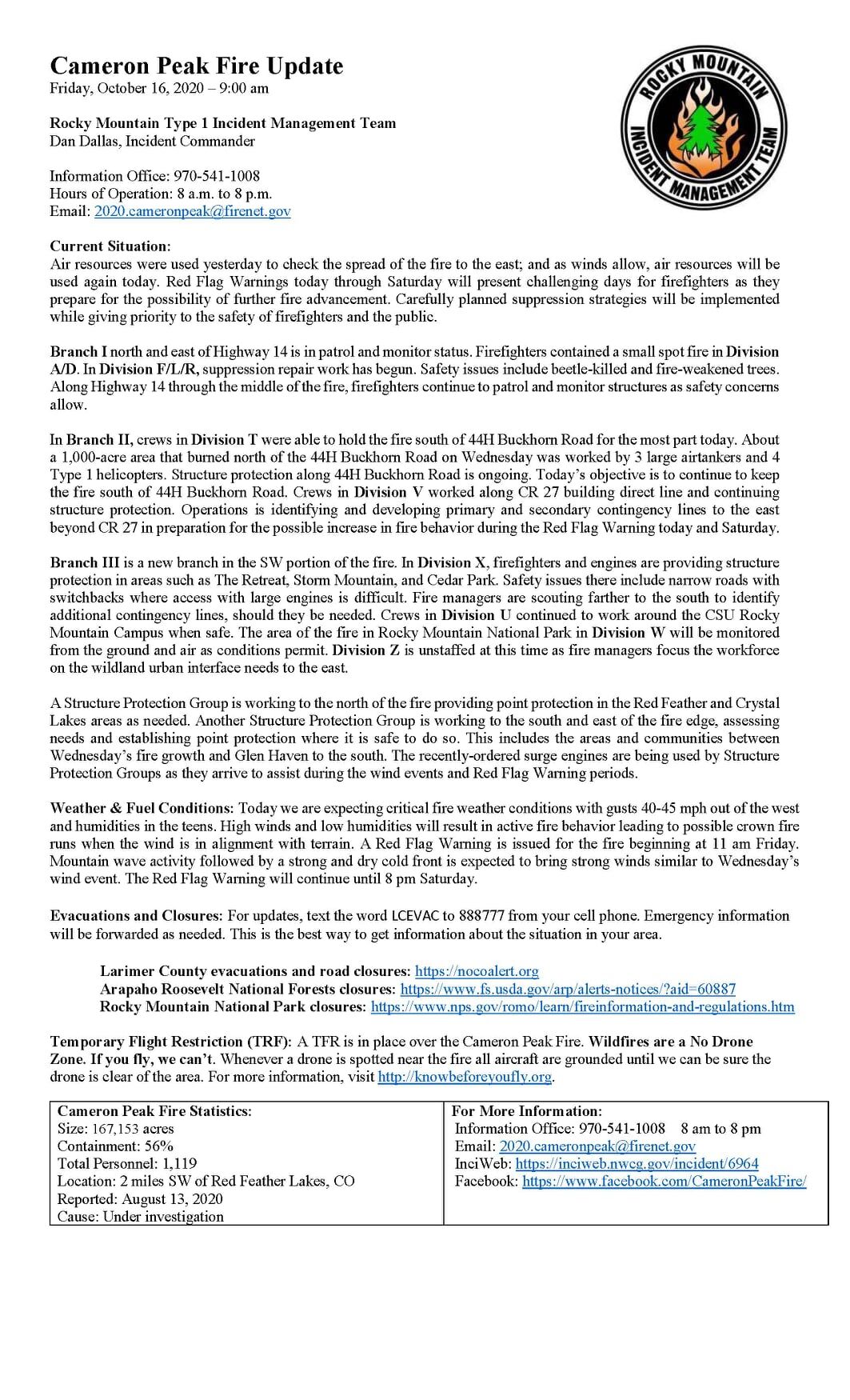 Cameron Peak Fire Update, October 16, 2020